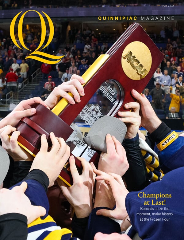 Fall 2023 Quinnipiac Magazine cover featuring men's ice hockey story Champions at Last