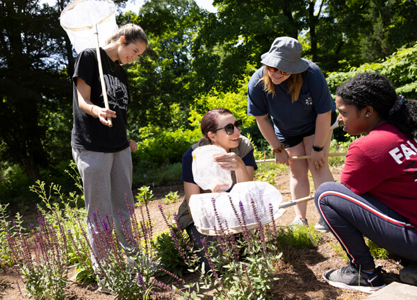 A faculty member and students hold butterfly nets and crouch among plants