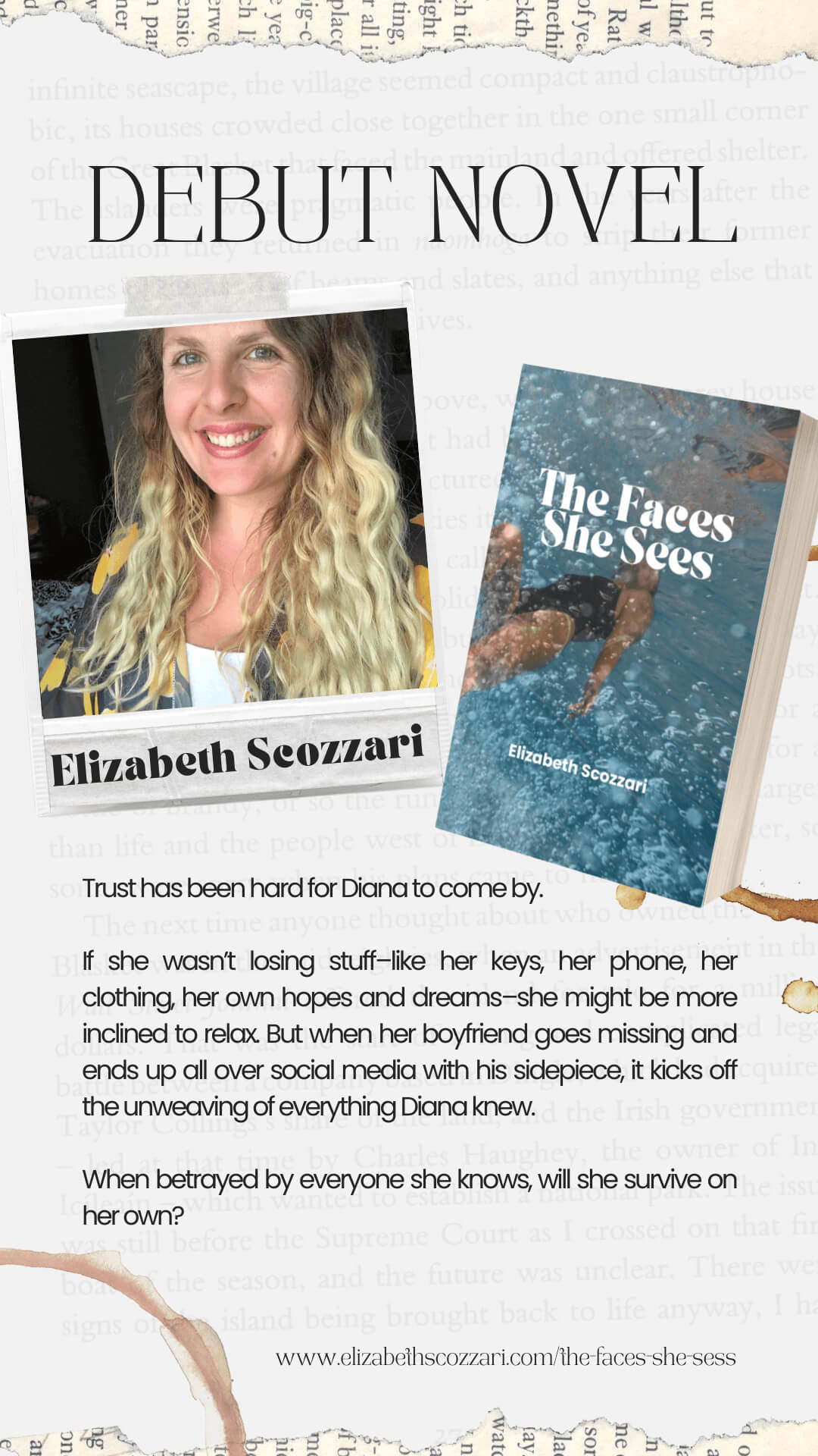 Flyer for new psychological thriller book The Faces She Sees by Elizabe Scozzari