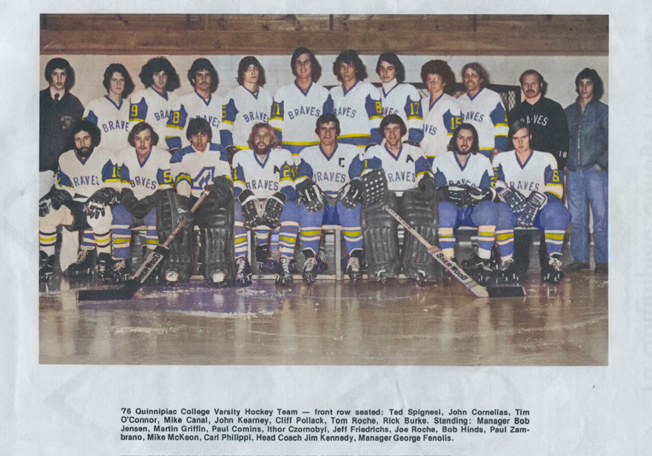 Yearbook photo of varsity men's ice hockey team from 1975